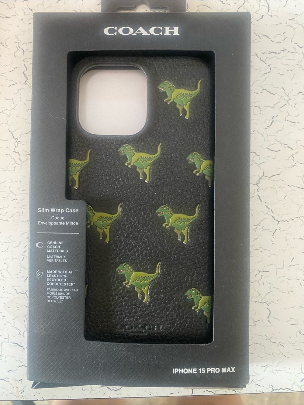 Coach Black Leather iPhone 15 Pro Max Case with Green Dinosaur Print